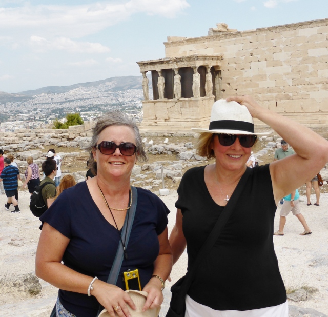 Leanne and Gaila in front of the Caryatids, it was exceptionally windy