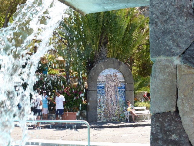 Waterfall & mosaic of King Neptune at Poseidon Thermal Spa, Ischia